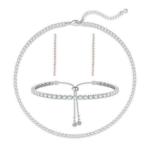 Luxval Tennis Necklace Set for Women Tennis Bracelets Diamond Earrings Sterling Silver Necklace Wedding Jewelry for Bride Silver Jewelry Sets for Women Gift - color: Silver-Linear tennis set