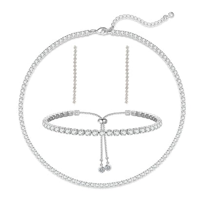 Luxval Tennis Necklace Set for Women Tennis Bracelets Diamond Earrings Sterling Silver Necklace Wedding Jewelry for Bride Silver Jewelry Sets for Women Gift - color: Silver-Linear tennis set