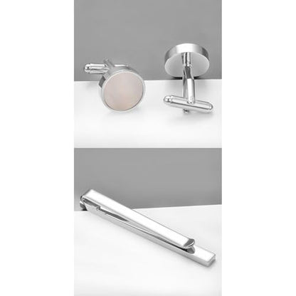 Shell Tie Clip Cufflinks Set for Men Business Gold Silver Tie Bar Cuffs Wedding Party Suit Jewelry Gift - style: Silver