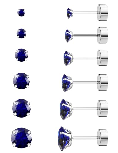 6 Pairs Hypoallergenic Cubic Zirconia Earrings Surgical Steel Flat Back Studs for Cartilage, Screw Back Fashion Jewelry - color: A-013-Blue