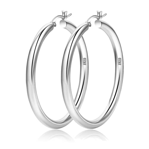 4mm Thick Gold Chunky Earrings Steling Silver Post Hoops Earrings For Women Hollow Tube Hoops Earrings Thick Gold Hoop Earrings Hypoallergenic Lightweight Gold Hoop Large Earrings 20/30/40/50/60MM - color: Silver,40mm