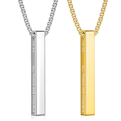 Romass 2Pcs Pendant Necklace for Men,Stainless Steel Silver Black Gold Bible Verse Chains for Men Vertical Bar Pendant Gifts Jewelry Box 16-24 Inches - size: 22 in, style: 2Pcs(silver+gold) 1.6 "* 0.2'' pendant