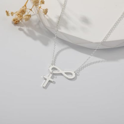 14K Gold Layered Cross Necklaces for Women,Tiny Small Sideways Cross Necklace Minimalist Christian Jewelry Gifts First Communion Confirmation Easter Stuff,2Pcs - color: infinity cross,silver