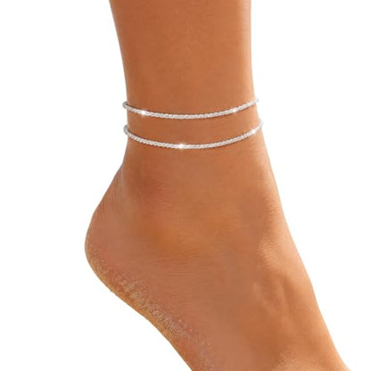 phnydreg 1 Pc Silver Plated Ankle Bracelet with Extension for Women | Double Layered Ankle Bracelet,Foot jewelry