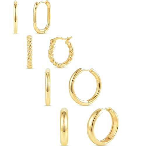 4 Pairs Gold Hoop Earrings for Women - 14K Gold Plated 316 Stainless Steel, Hypoallergenic Lightweight Huggie & Twisted Hoop Earring Set 20/22/24/25 mm