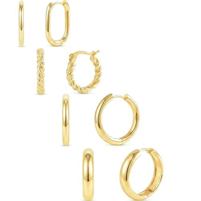 4 Pairs Gold Hoop Earrings for Women - 14K Gold Plated 316 Stainless Steel, Hypoallergenic Lightweight Huggie & Twisted Hoop Earring Set 20/22/24/25 mm