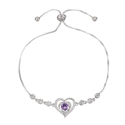 14K White Gold Plated Heart Bracelet for Women, Zircon Inlay Love Heart Charm Chain Bracelet Bangle with Adjustable Length - color: silver-purple