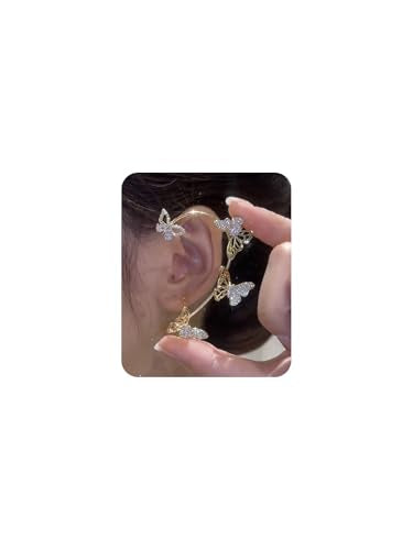 2Pcs Butterfly Ear Cuffs Rhinestone Clip On Earrings | Rhinestone butterfly ear cuffs with non piercing clip on design; silver ear wrap climber jewelry for parties and weddings - style: Style C Gold