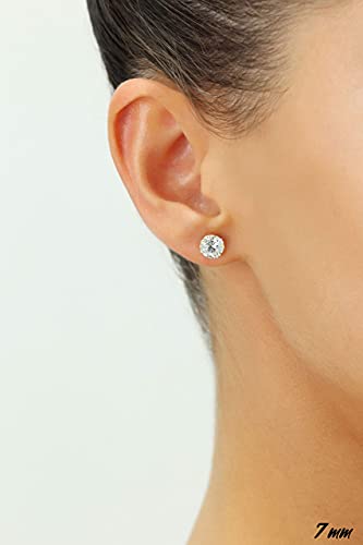 14k White Gold Solitaire Round Cubic Zirconia Stud Earrings with Pushbacks - style: 7mm