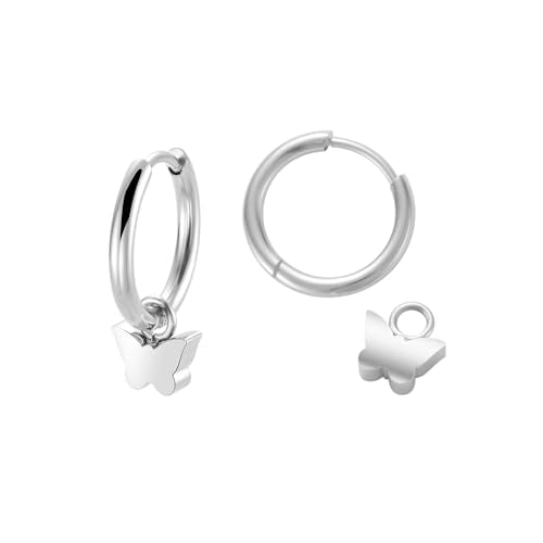 Women's Huggie Hoop Earrings with Small Cute Charm - style: Silver Butterfly