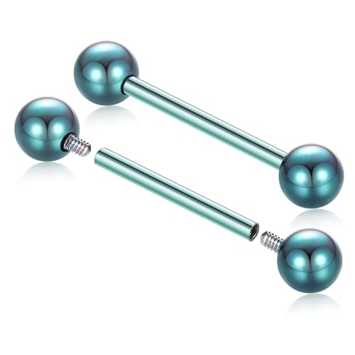 AROWRO Nipple Piercing Jewelry G23 Titanium Nipple Rings Tongue Rings Nipple Bar 14G Internally Threaded Straight Barbells Bridge Piercing Jewelry 12mm-20mm - color: Green