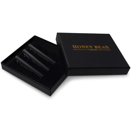 HONEY BEAR 2.12" Standard Tie Clip Bar 3-Piece Set for Men Wedding Business | Classic Minimalist, Steel-Plated Copper Base, Gift-Boxed, Thickened, Rounded Corners, Easy to Slide On, No Snag or Wrinkle - style: Matte Black with box