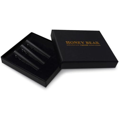 HONEY BEAR 2.12" Standard Tie Clip Bar 3-Piece Set for Men Wedding Business | Classic Minimalist, Steel-Plated Copper Base, Gift-Boxed, Thickened, Rounded Corners, Easy to Slide On, No Snag or Wrinkle - style: Matte Black with box