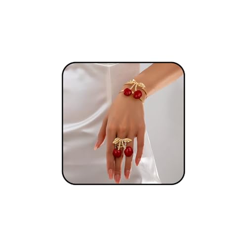 Cherry Charm Bracelet and Ring Set for Women, Gold Tone Adjustable Cuff Bangle Statement Cherry Rings Cute Fruit Jewelry Set Trendy Gift for Birthday Valentine’s Day