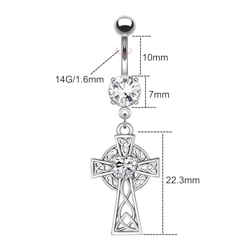 VERAMI 14G 316L Celtic Cross Belly Button Ring Surgical Steel Paved Gems Dangling Belly Button Ring Body Piercing Jewelry - color: Silver：C-4