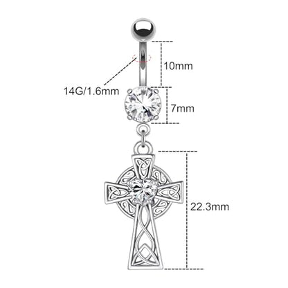 VERAMI 14G 316L Celtic Cross Belly Button Ring Surgical Steel Paved Gems Dangling Belly Button Ring Body Piercing Jewelry - color: Silver：C-4