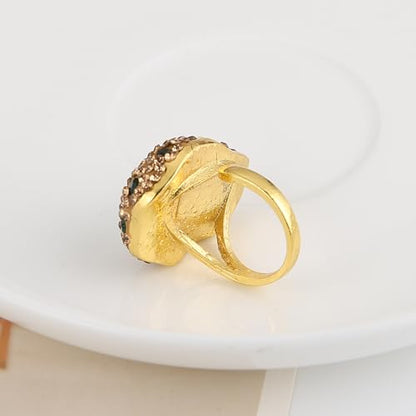 HZMAN Natural Stone Statement Ring for Women, Crystal Paved Bold Cocktail Ring, Adjustable Gold Tone Fashion Jewelry - color: Teardrop Emerald Cut Green