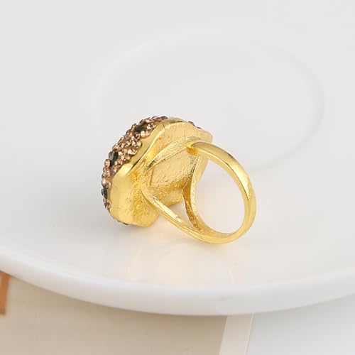 HZMAN Natural Stone Statement Ring for Women, Crystal Paved Bold Cocktail Ring, Adjustable Gold Tone Fashion Jewelry - color: Teardrop Emerald Cut Green