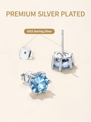 FindChic 2 Carat Birthstone Stud Earrings for Women, Round/Heart/Princess Cut Stud Earrings, Hypoallergenic Studs with 925 Sterling Silver Posts, 12 Months Birthday Jewelry Gift - color: 02. February-Amethyst(Round Cut )