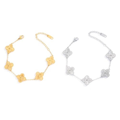 Waterproof Four-Leaf Clover Bracelet,Adjustable Link Double Sided Jewelry, Lovely Fashion Jewelry Gift for Women - color: Gold bracelet + silver bracelet