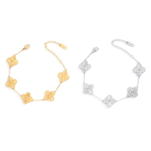 Waterproof Four-Leaf Clover Bracelet,Adjustable Link Double Sided Jewelry, Lovely Fashion Jewelry Gift for Women - color: Gold bracelet + silver bracelet