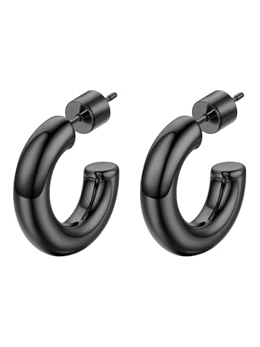 PROSTEEL Chunky Hoop Earrings for Women 14K Gold Plated/Black/Silver | 20/30/40/50/60/70/80mm Stainless Steel Thick Big Round Hoop with Waterproof and Non Tarnish Trendy Jewelry with Gift Box - color: 2. Black, size: 20MM