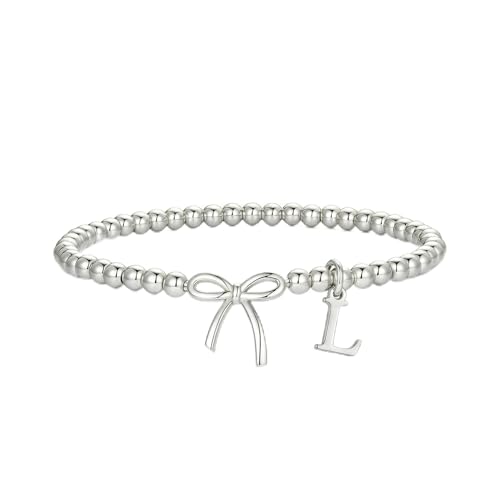 Letter A-Z Bracelets for Women Teen - Inital Beaded Bracelet with Bowknot Charm, Dainty Stretch Stackable Bracelet, Trendy Jewelry Gifts for Birthday Easter Basket Stuffers - style: Silver: L
