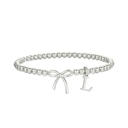 Letter A-Z Bracelets for Women Teen - Inital Beaded Bracelet with Bowknot Charm, Dainty Stretch Stackable Bracelet, Trendy Jewelry Gifts for Birthday Easter Basket Stuffers - style: Silver: L