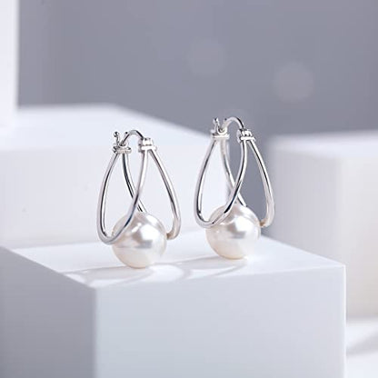 Pearl Earrings for Women Pearl Leverback Earrings 925 Sterling Silver - color: E01-white