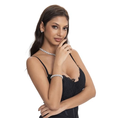 fasone Rhinestone Hearts Necklace, Iced Out Hearts Jewelry，Silver Tennis Necklace For Women，Tennis Necklaces For Women, Heart Tennis Necklace - color: White Set_15.7inch/8inch