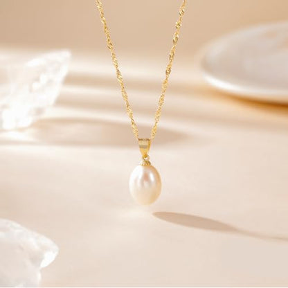 EAMTI Pearl Necklaces for Women Trendy 925 Sterling Silver Freshwater Cultured Single Pearl Necklace Dainty Pendant Necklace - color: 14K Gold Plated