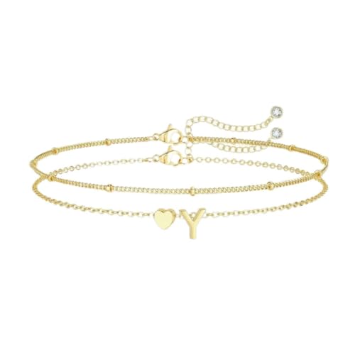 Gold Initial Bracelets for Women Trendy, Dainty Layered 14K Gold Plated Heart Letter Charm Bracelets, letter beads for name bracelets Jewelry Gifts - color: Gold-Y