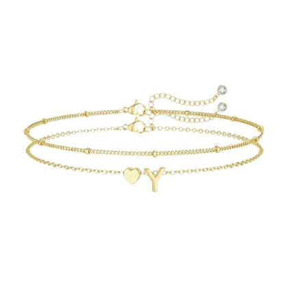 Gold Initial Bracelets for Women Trendy, Dainty Layered 14K Gold Plated Heart Letter Charm Bracelets, letter beads for name bracelets Jewelry Gifts - color: Gold-Y