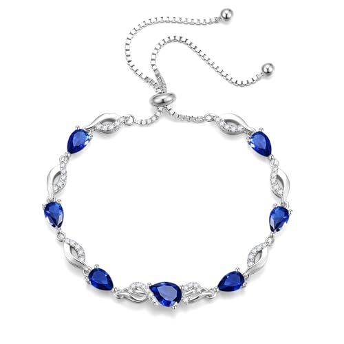 FANCIME Birthstone Teardrop Tennis Bracelet for Women, Sterling Silver 9x7mm main Gemstone Bolo Adjustable Chain Bracelet Fine Jewelry Birthday Gifts for Women Mom Wife Her - color: 09-Sapphire