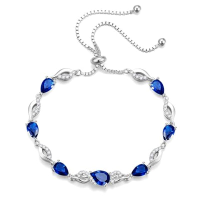 FANCIME Birthstone Teardrop Tennis Bracelet for Women, Sterling Silver 9x7mm main Gemstone Bolo Adjustable Chain Bracelet Fine Jewelry Birthday Gifts for Women Mom Wife Her - color: 09-Sapphire