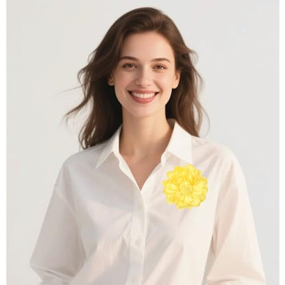 Satin Rose Flower Brooch Hair Clip for Women 4.3 Inch Floral Pin for Hats Dress Everyday Outfits Beach Vacations - color: Yellow