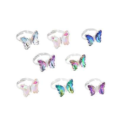 8 Pcs Gold Plated 3D Butterfly Rings Acrylic Adjustable Open Colorful Crystal Bowknot Shaped Band Rings for Women Girls Finger Jewelry - color: mix silver
