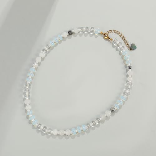 Joya Love Colorful Gemstone Beaded Necklaces For Women Trendy Rainbow Natural Stone Boho Handmade Stainless Steel Waterproof Strand Necklaces Jewelry For Women Gift - color: White