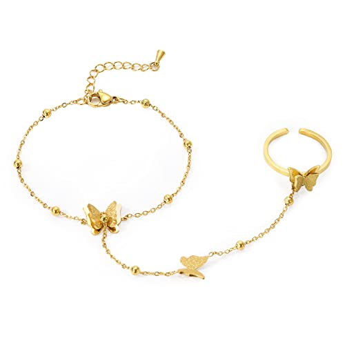 Emibele Gold Bracelets for Women, 18K Gold Plated Hand Chain, Cubic Zirconia Stainless Steel Non Tarnish Hand Chain Bracelet with Finger Ring, Adjustable Trendy Jewelry Valentines Day Gifts for Women - style: Butterfly Pendant