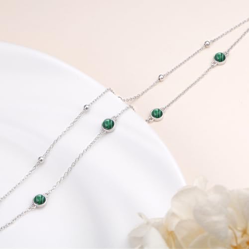 Flyow Anklet for Women S925 Sterling Silver Adjustable Foot Beaded Heart Charm Ankle Bracelet Anklets Jewelry - style: Malachite