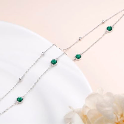 Flyow Anklet for Women S925 Sterling Silver Adjustable Foot Beaded Heart Charm Ankle Bracelet Anklets Jewelry - style: Malachite