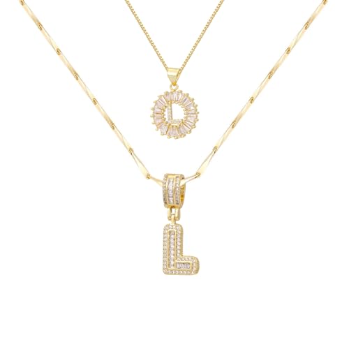 2PCS Initial Necklaces for Women, 14K Gold Plated Letter Pendant Set | Trendy Layered Bling Style, Meaningful Letter & Round CZ Pendant Design - color: Gold, style: Letter L