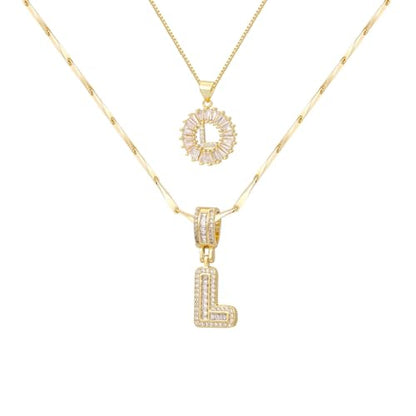 2PCS Initial Necklaces for Women, 14K Gold Plated Letter Pendant Set | Trendy Layered Bling Style, Meaningful Letter & Round CZ Pendant Design - color: Gold, style: Letter L