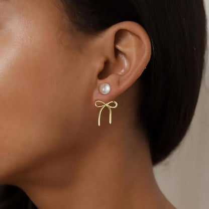 Gold Bow Earrings for Women, Long Tassel Chain Drop Earrings, Trendy Small Bow Earrings, Ribbon Waterfall Dangling Earrings, Pearl Bow Earrings, Sparkly Elegant Bowknot Preppy Jewelry Gifts for Women - color: Gold Bow-F
