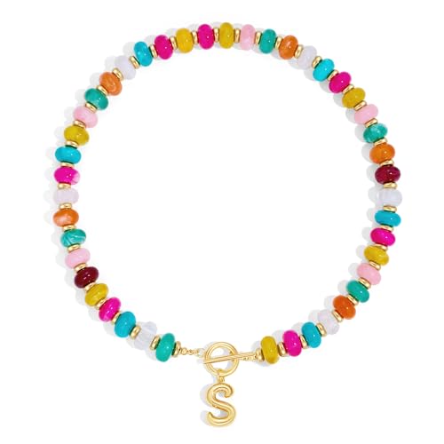 NIKOLUX Colorful Initial Necklaces for Women Chunky Resin Beaded Toggle Necklace 14K Gold Plated A-Z Bubble Letter Pendant Necklace Trendy Summer Beach Handmade Jewelry Gift - color: Colorful-S