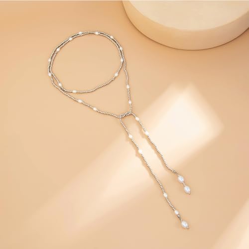 Long Wrap Necklaces for Women Dainty Layered Pearl Chain Necklace Turquoise Wrap Necklaces Long Lariat Necklace Statement Y-shaped Beaded Choker Trendy Costume Jewelry Accessories - color: Silver pearl