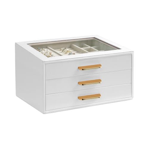 Homeanda Glass Lid Jewelry Boxes for Women, 3-Layer PU Leather Organizer with 2 Drawers, Display Storage for Rings Necklaces Earrings Bracelets Watches, Gift for Wife and Girls (White) - color: White, size: 3 Layer (8.4"D x 5.7"W)