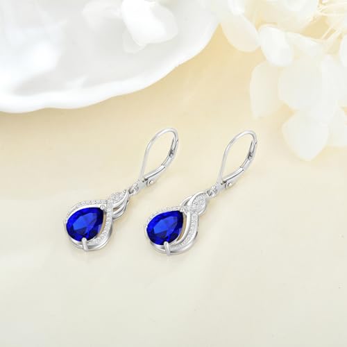 925 Sterling Silver Infinity Teardrop Earrings for Women | Lwsary Dangle Drop Leverback Earrings, Pear Shaped Birthstone Jewelry for Her - color: Deep Blue