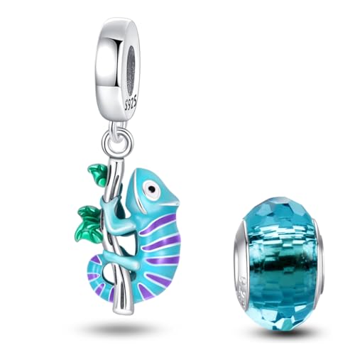 HappyStar 925 Sterling Silver Animal Dogs Charms Pendants fit Pandora Bracelets Necklaces Flowers Sports Travel Charms for Bracelets Women Jrwelry Gifts(with one Spacer Bead Charms) - style: Chameleon Charm