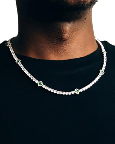 LuxeFlex 4mm Iced Out Four Leaf Tennis Chain,White Gold Plated with 5A Zircon Stones, exquisite Handmade Hip Hop Bling Necklace Perfect Unisex Jewelry Gift - color: White Gold-Green, size: 16 INCH